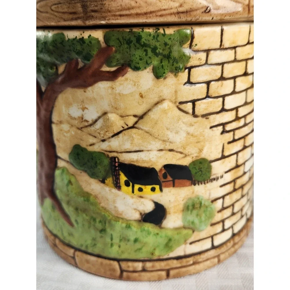 Vintage 1970s Farmhouse Village Cookie Jar Canister Raised Mold Scene